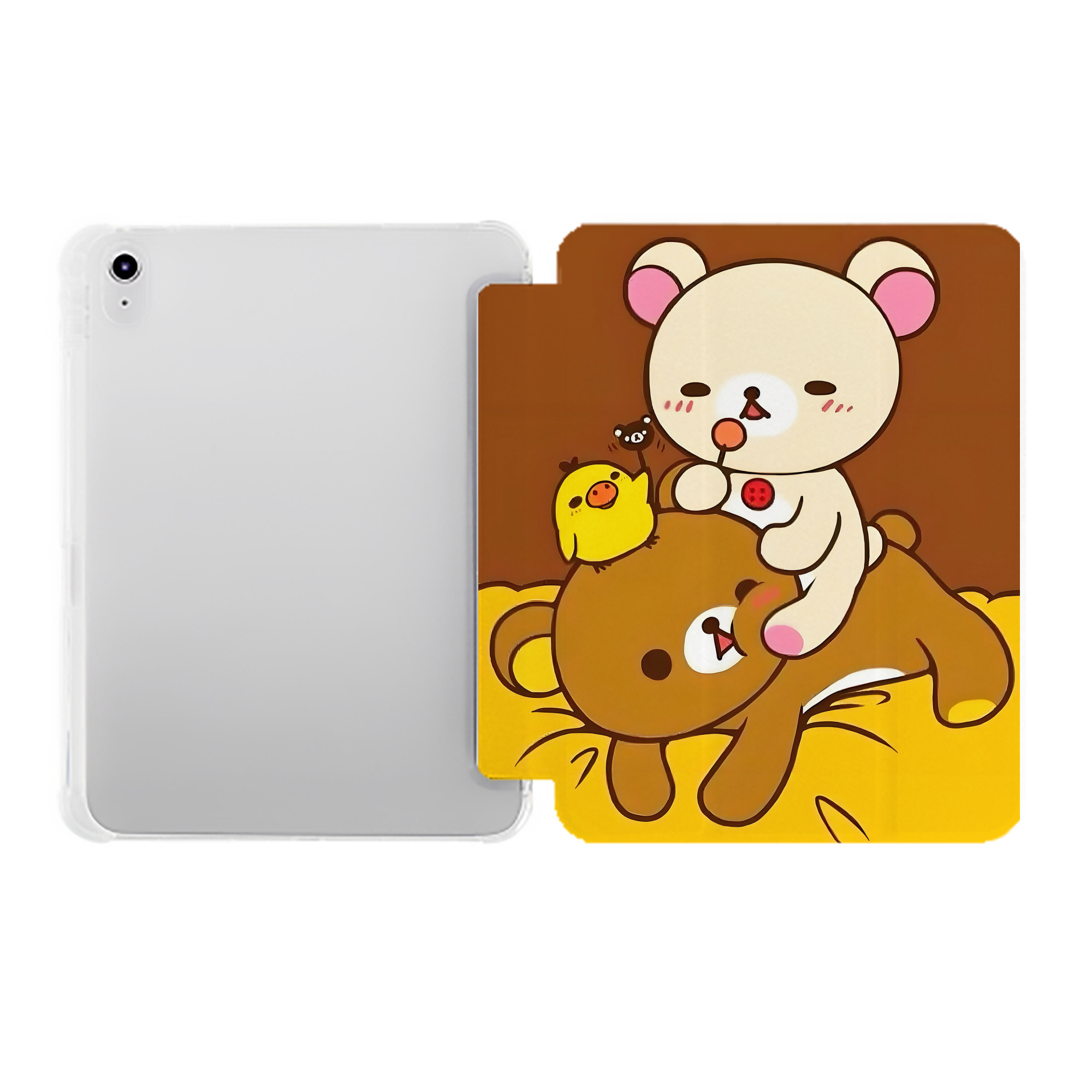 （画像用） リラックマ リラックマ キイロイトリ Rilakkuma Korilakkuma Kiiroitori IPad ケース ペン収納付き 三つ折りスタンド PUレザー×シリコン 対応機種9.5/10.5/10.9インチ